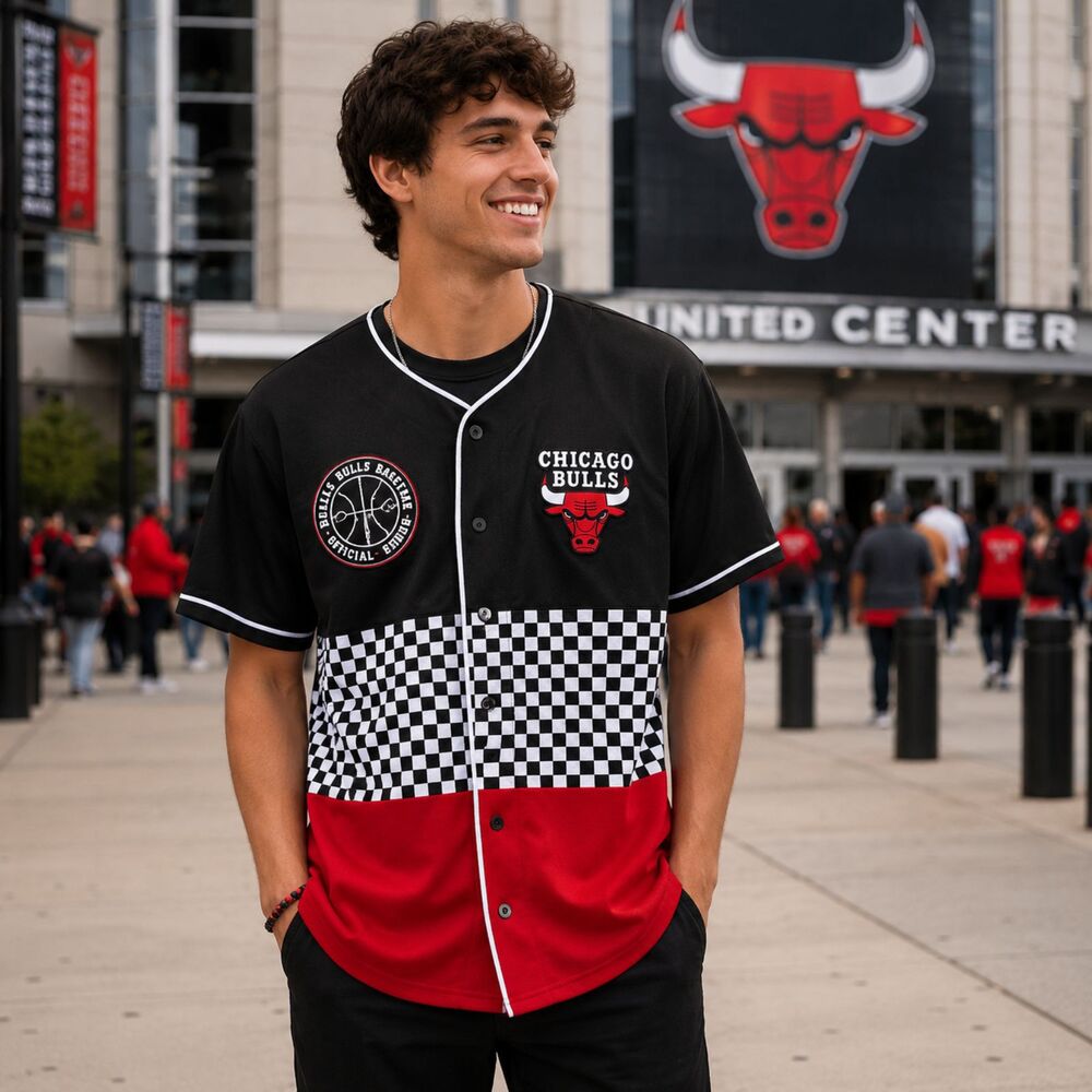 Chicago Bulls NBA Jersey Shirt Checkerboard Button Up Medium Red Black Sportwear
